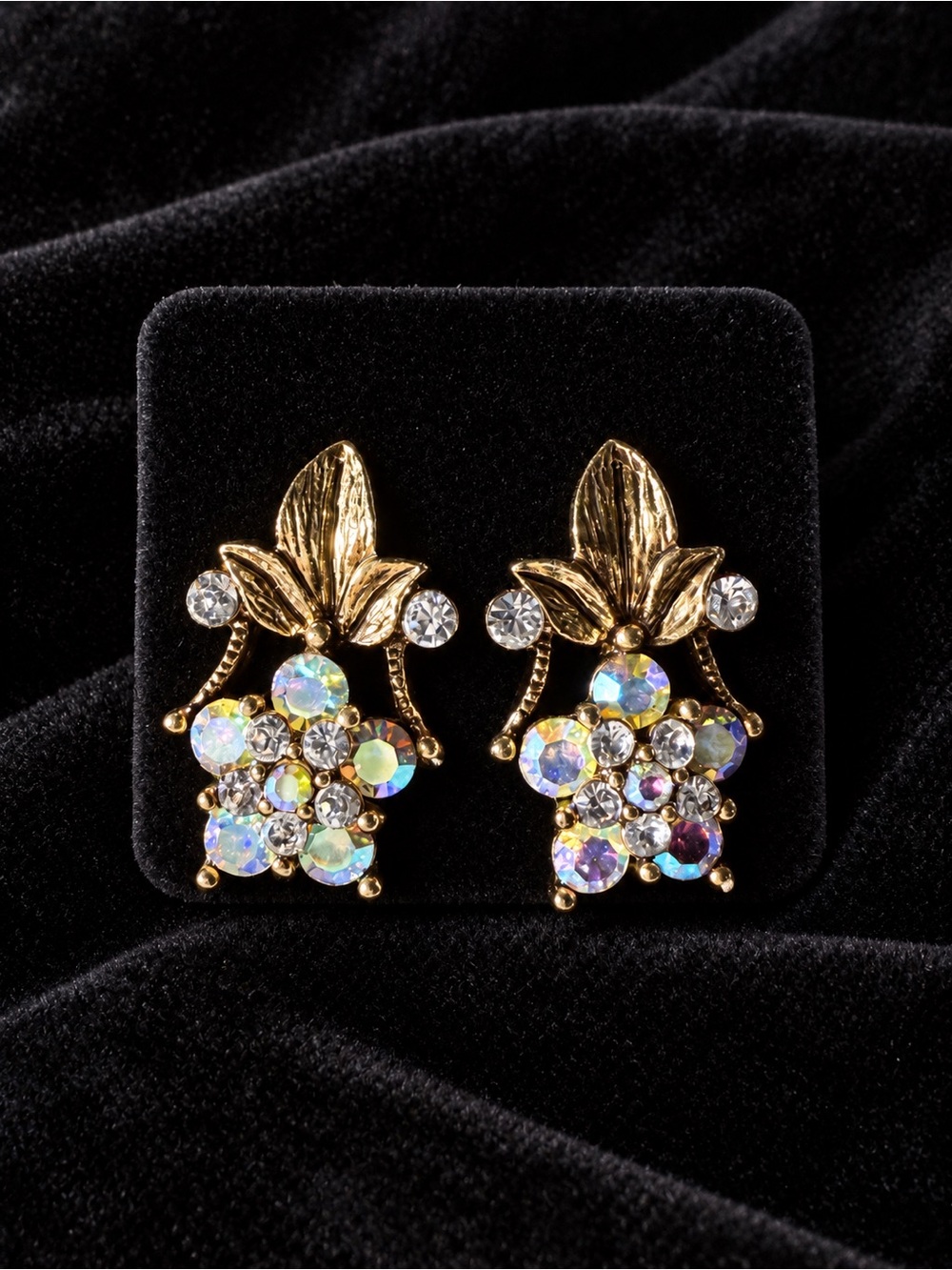 Gold Leaf and Flower Cluster AB Crystal Earrings